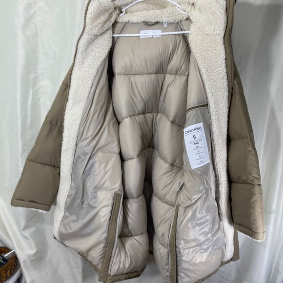 Calvin Klein Women's Faux-Fur-Lined Hooded Puffer Coat Medium Beige Winter Cozy - Picture 6 of 13